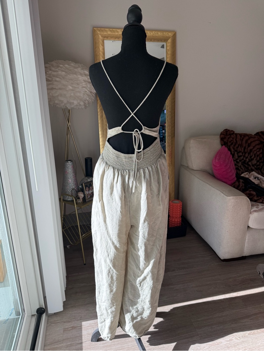 Free People Emma Linen Blend Wide Leg Jumpsuit in Alfalfa - Picture 7 of 8